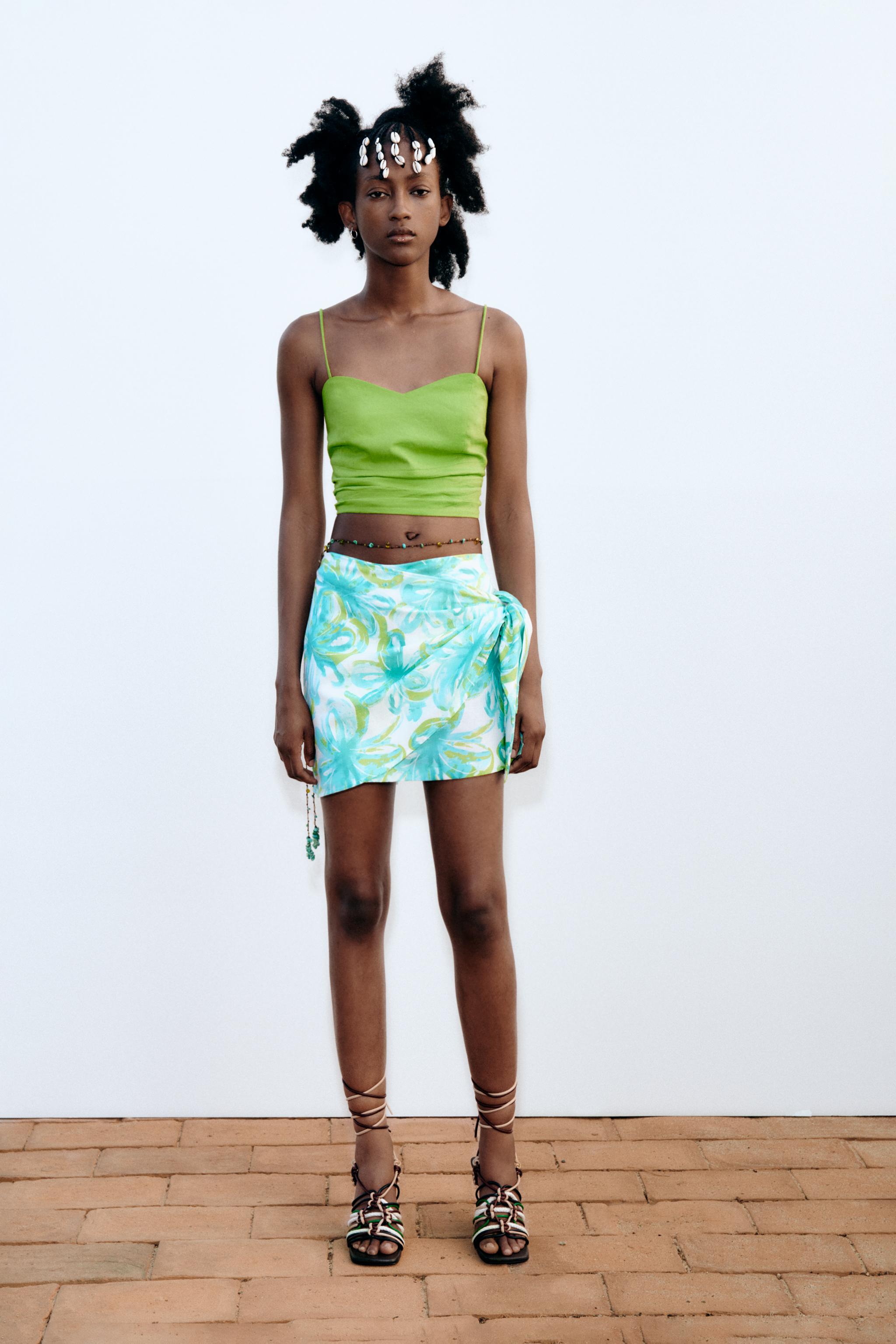 LINEN BLEND TROPICAL PRINT WRAP MINI SKIRT Multicoloured ZARA Spain